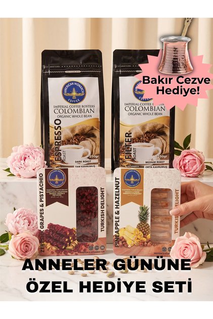 Mother's Day Special Copper Coffee Pot Gift Set with 2 Turkish Delights + Espresso Coffee + Filter Coffee, Stylish Boxed Set