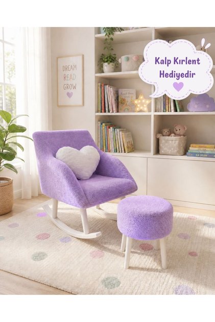 Sallanan Beyaz Ayaklı Lila Berjer Koltuk - Puf ve Kalp kırlent Hediyeli
