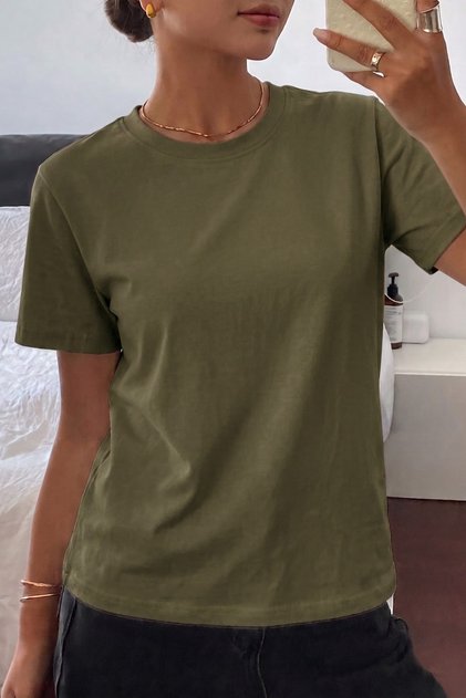 Women's T-Shirt Khaki Crew Neck Basic T-Shirt 100% Cotton Comfortable Fit T-Shirt