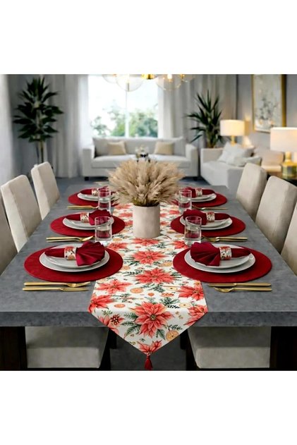 American Service Set, New Season, 6 Red Plates, 6 Red Napkins, 6 Napkin Rings and Runner Cover Kokina Tk