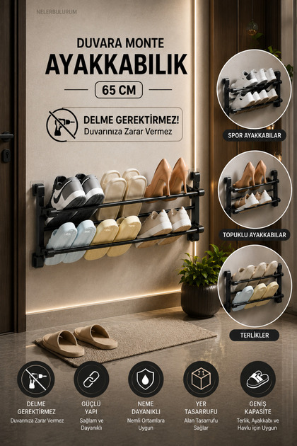 Delme Gerektirmeyen 65 CM Duvara Monte Siyah Metal Ayakkabılık Organizer Spor Terlik Topuklu Ayakkabı