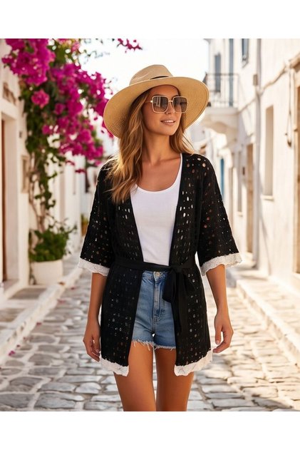 Summer Belt Detailed Openwork Knitwear Kimono Cardigan