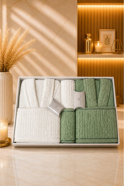 Nuviana 8 Piece Family Bathrobe Set Cream - Green