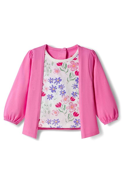 100% Cotton Knit Floral Printed Top with Attached Shrug - Pink