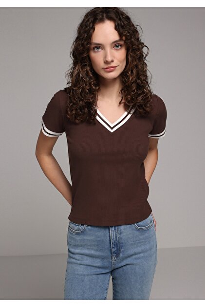 Slim Fit V-Neck Plain Women's Brown Short Sleeve T-Shirt