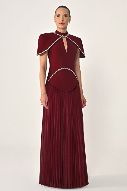Hanımefendi Giyim Pleated Chiffon Long Dress with Ribbon Stone