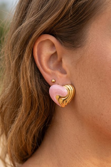 Gold Pink Enamel Heart Premium Steel Earrings