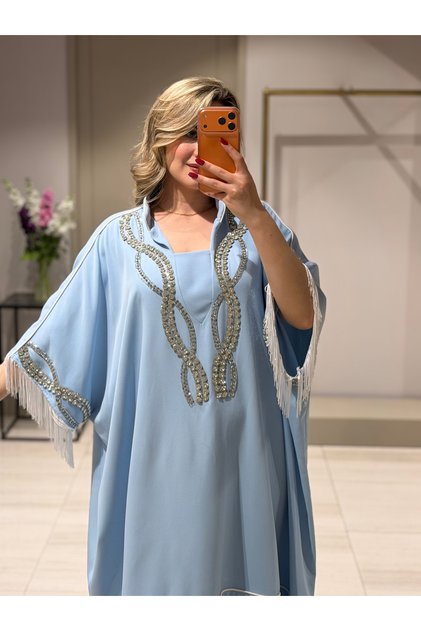 taş detaylı mavi krep abaya