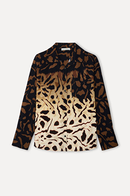 Women's Brown Patterned Oversize Long Sleeve Shirt