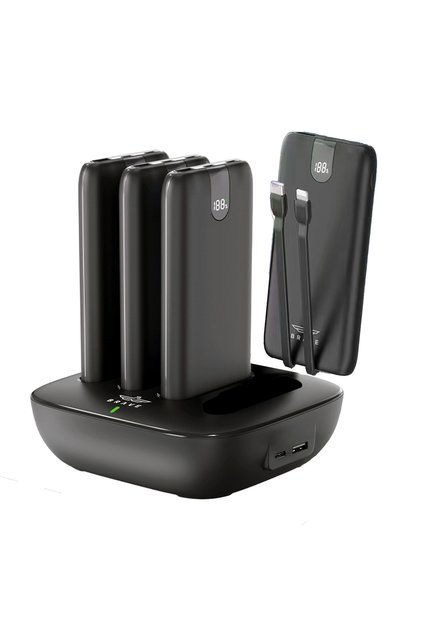 4-in-1 10000mAh Slim Power Bank Station with PD 22.5W Type-C & 20W Lightning Cables, & LED Display - Black
