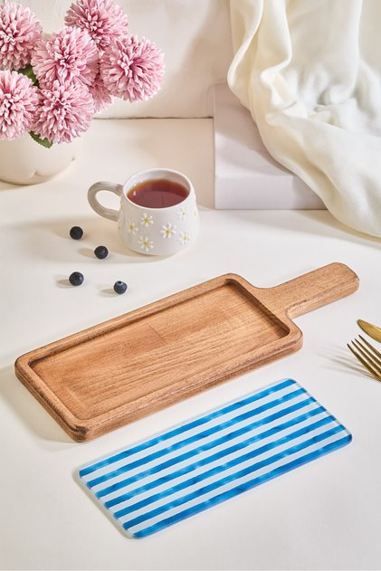 Pinku 2-Piece Wooden Decorative Presentation Plate with Handle – Patterned Removable Glass Base