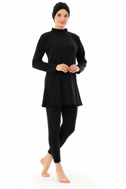Black Hijab Swimsuit Set, Comfortable Cut, Includes Flexible Fabric Cap, Set of 3