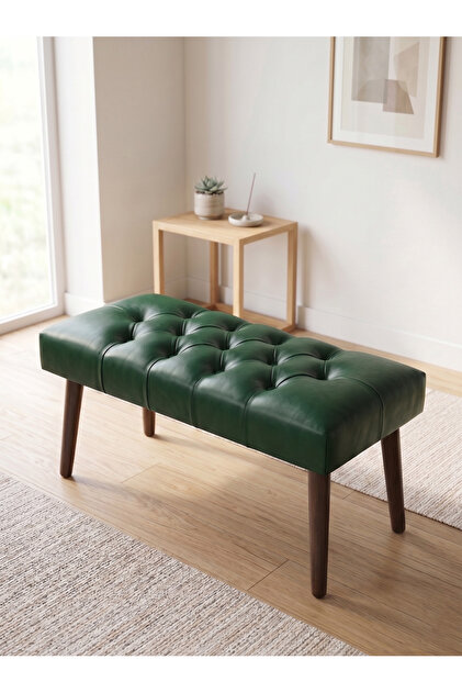 Modern Kapitoneli Yeşil Deri Kumaş Bench Puf Oturma Bankı Ahşap Ceviz Ayaklı Demonte 90x45