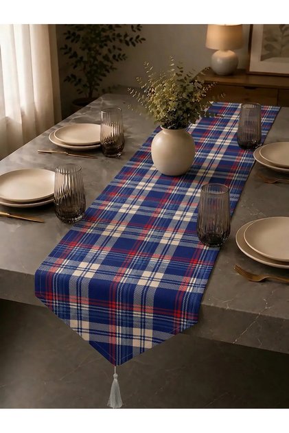 Navy Blue Plaid Pattern, Digital Printed Baby Face Fabric Runner