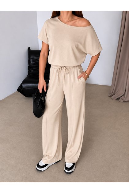 Women's Boat Neck Blouse & Striped Trousers Top and Bottom Set