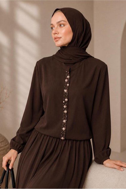 KADIN KAHVE BONCUK İŞLEMELİ ETEKLİ TAKIM T 43441