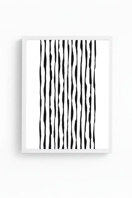 White Wooden Framed Abstract Striped Painting - Black-White | Huhu1082 - Single Table White Frame