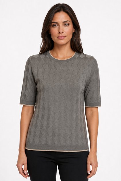 Women's Crew Neck Diamond Patterned Thin Knitwear Blouse Smoked
