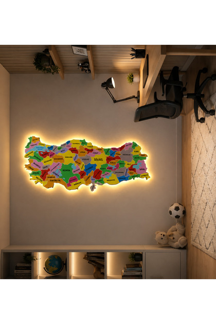 Türkiye Haritası Ahşap LED Işıklı Duvar Dekoru 44x20 cm – Peri LED Aydınlatmalı Dekoratif Tablo