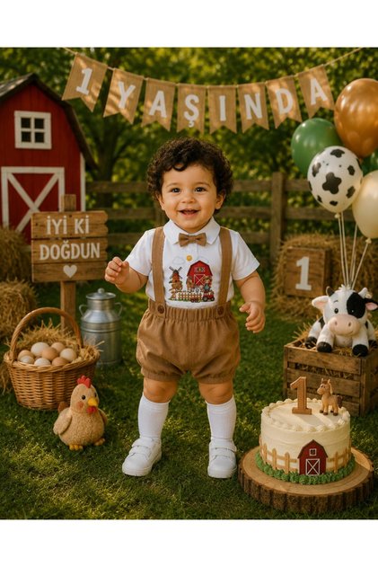 Farm Concept 1 Year Old Boy Salopet Shirt Socks Bow Tie Set