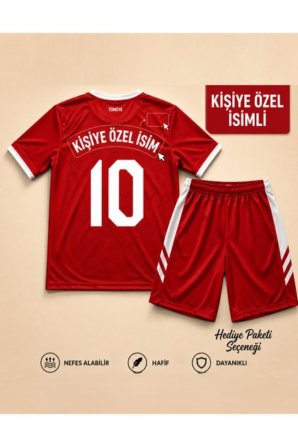 Kişiye Özel İsimlİ Premium Türkiye Serisi Kırmızı Çocuk Futbol Forması 4 PARÇA ( ÇORAP + BİLEKLİK)