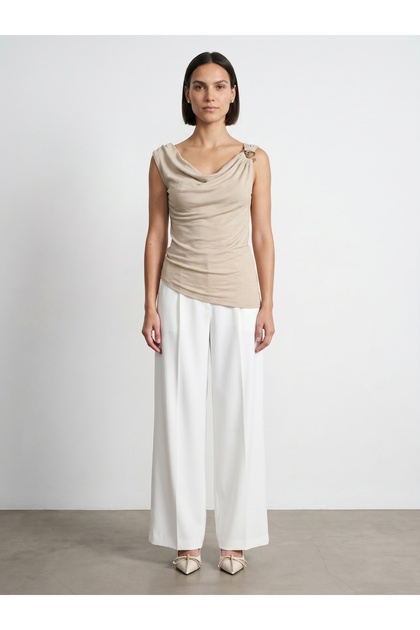 32917 Lyocell Blended Degaje Collar Top-Stone