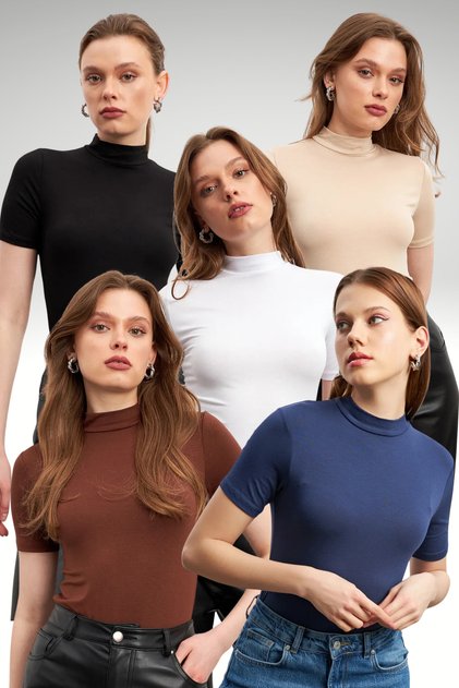 Women's 5-Pack Black White Cream Bitter Coffee Navy Blue Short Sleeve Blouse