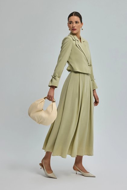 Collared Detailed Tie Skirt Set