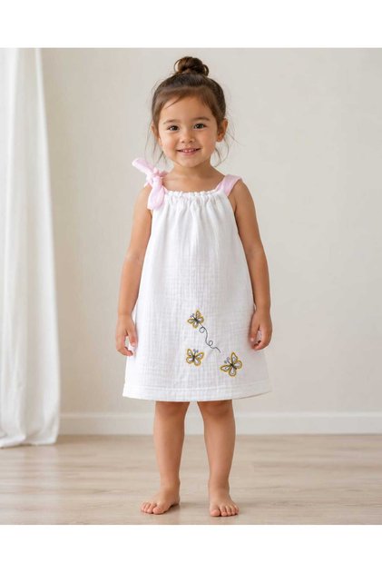 Girl's Butterfly Embroidered Summer Muslin Dress