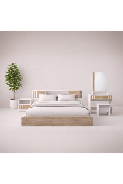 Kentorp 160X200 Queen Bed+1 Nightstand+Dresser/Mirror & Stool| Comfortable Bedset | Sturdy Modern Design Wooden Bedroom Set - White/Sonoma Oak