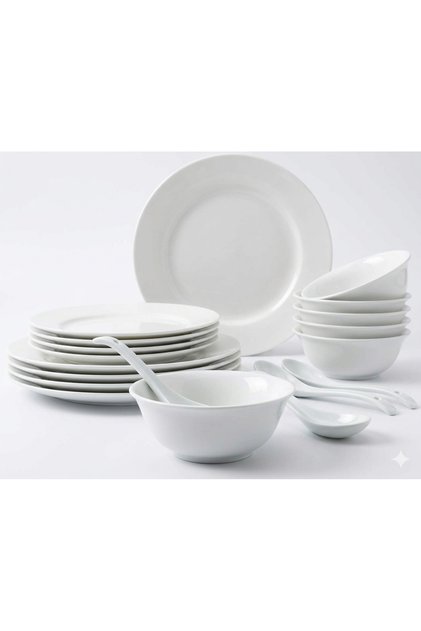 16 Pcs Opal ware Dinner set 4 x dinner plate 4 x dessert plate 4 x bowl 4 x soup spoon dihwasher microwave freezer safe BAP free (Plain Round)