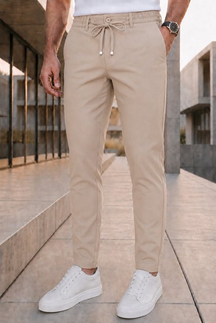 Men's Beige Relaxed Fit Elastic Waist Lace-Up Jogger Fabric Trousers with Side Pockets