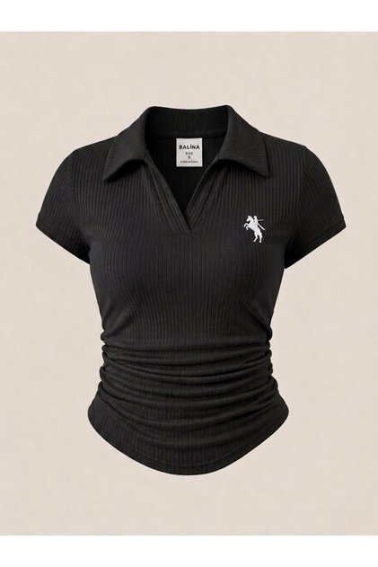 Siyah Polo Yaka Fitilli Premium Bluz