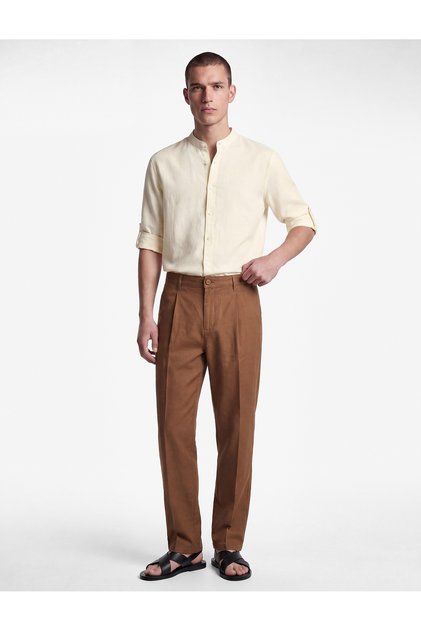 Comfortable Fit Pocketed Cotton-Linen Blend Pleated Summer Wide-Leg Trousers