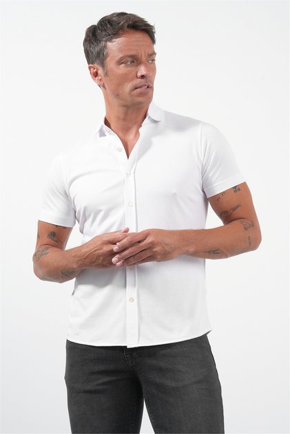Beyaz İtalyan Yaka Kısa Kol Cepsiz Slim Fit Pamuklu Gömlek 1004260158