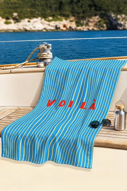 Striped Blue Summer Themed Beach Towel - Modern Mediterranean Yellow Red Quick-Dry Microfiber Towel