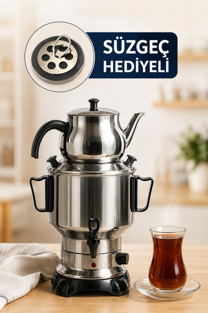 4,5 Litre Çelik Kapaklı Çay Semaveri — Süzgeç Hediyeli — 430 Kalite Paslanmaz Çelik — Gizli Rezistans — Elektrikli