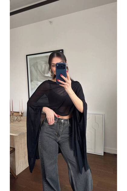 Şifon Pelerin Pareo Kadın Plaj Üstü Beyaz/Siyah Yazlık Hafif Dökümlü Oversize Kimono