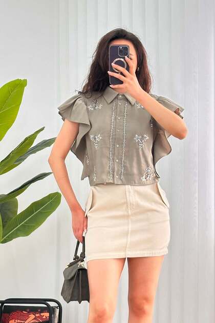 Khaki Shirt with Bead Embroidered Sleeves and Ruffle Detail