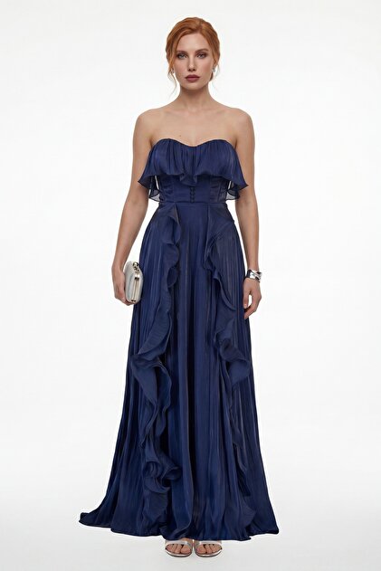 navy engagement dress Lafaba Women's Blue Strapless Neckline Ruffled Long Promise Evening MISSGUIDED Halter Neck Drop Size:US 0 / UK 2 / EU 30 YGroup_Niara Blue gown