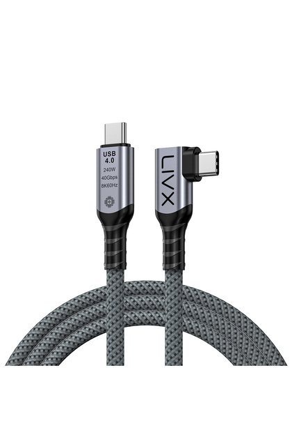 USB4 Kablo 50cm 90 Derece USB-C to USB-C 40Gbps 240W PD 8K@60Hz Örgülü Dayanıklı Şarj ve Data Kablosu KLV-Y50