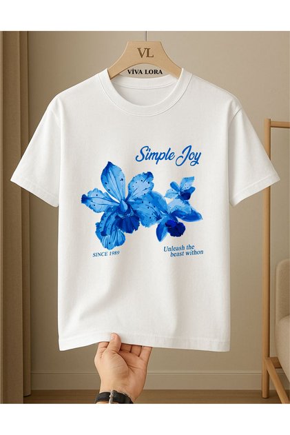 Flower Printed Women's Regular Crew Neck 100% Cotton T-Shirt