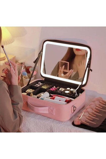 Geanta Cosmetica Pentru Make-up cu Oglinda LED cu Touch, 26x23x11 cm, Roz