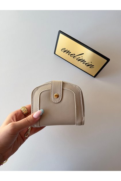 Beige Zippered Snap Fastener Mini Women's Wallet with Card Holder and Coin Compartment