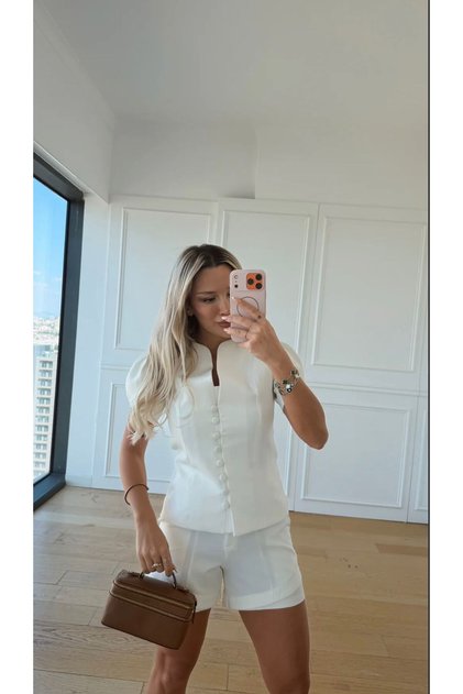 Dabıl Fabric Sleeve Detail Buttoned Short Sleeve Blazer Jacket Design Blouse Lined Short Shorts Matching Stylish Two-Piece Set