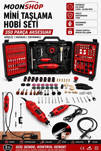 MOONSHOP Mini Taşlama Hobi Seti 350 Parça Aksesuar Gravür Oyma