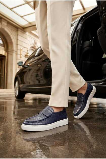Navy Blue Crocodile Genuine Leather Men's Sneaker Loafer White Sole Premium Casual Daily Shoes