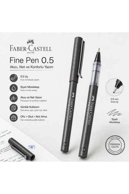 Faber-Castell Fine Pen 0.5 Siyah Mürekkepli İnce Uçlu Kalem Akıcı Yazım Ofis Okul Not Alma Kalemi