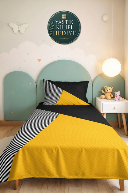 Yellow Geometric Young Room Single Pique Set - Black Striped 160X220 cm Quilted Bedspread