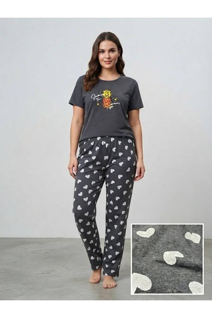 Summer Heart Pineapple Pattern Gray Combed Cotton Pajama Set